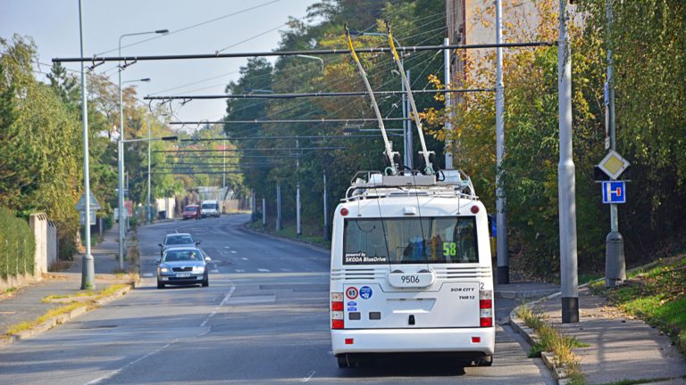 PRAGUE, CZECH REPUBLIC - OCTOBER 7, 2018 - SOR / Skoda 30 Tr trolleybus, with Skoda Electric equipment, on Prague experimental 58 line with opportunity charging