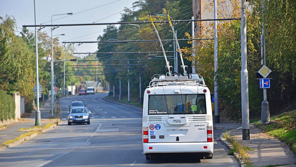 PRAGUE, CZECH REPUBLIC - OCTOBER 7, 2018 - SOR / Skoda 30 Tr trolleybus, with Skoda Electric equipment, on Prague experimental 58 line with opportunity charging